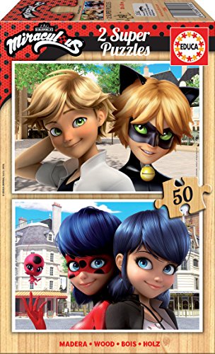 Educa - Miraculous Ladybug Temporada 2, 2 Puzzles infantiles de madera ecológica de 50 piezas, a partir de 4 años (17956)