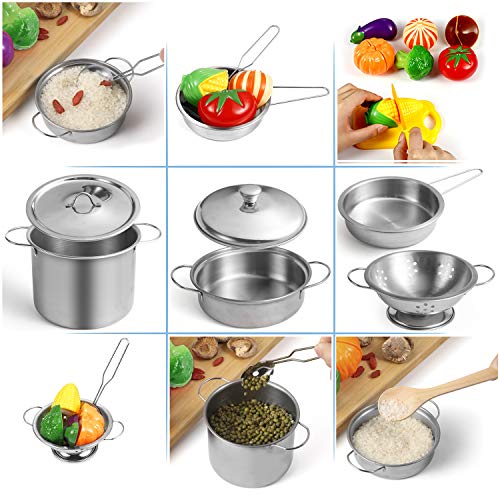 EFO SHM Juguetes de Cocina para niños Accesorios, 23 Piezas Juguetes de Chef para Niños, Cocina de Acero, Vegetales para Cortar, Delantal y Gorro De Cocinero, Apto para niños Mayores de 3 años