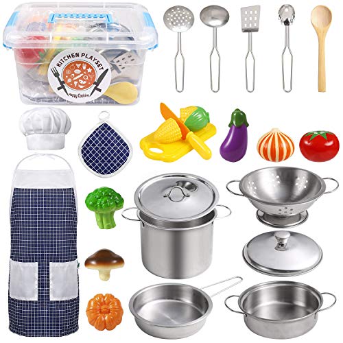 EFO SHM Juguetes de Cocina para niños Accesorios, 23 Piezas Juguetes de Chef para Niños, Cocina de Acero, Vegetales para Cortar, Delantal y Gorro De Cocinero, Apto para niños Mayores de 3 años