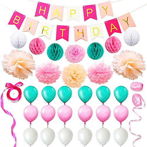 Eightnight Juegos de Papel para DIY Feliz cumpleaños Decoraciones Incluyendo Banner, Papel de Tejido Honeycomb Pom Pom Ball linternas, Flores, Cintas, Globos