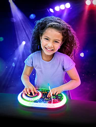 EKids Trolls World Tour DJ Trollex Party Mixer Juguete Giratorio para niños pequeños, micrófono Integrado, grabación, Efectos de Sonido, espectáculo de luz LED