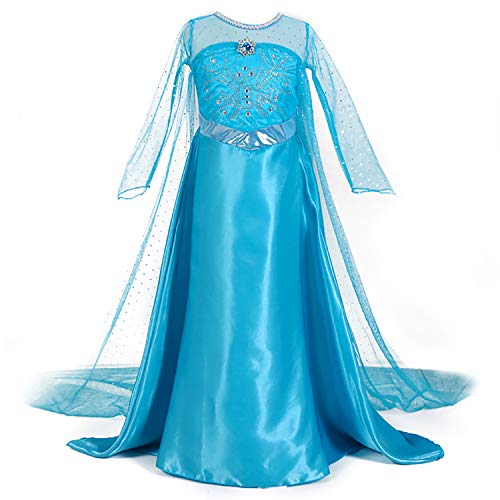 Eleasica Vestido Nina Pequena Azul Largo con Capa Diseño Unico Elastico sin Cierre Disfraz Elsa Princesa Poderes Magicos Cosplay Perfecto Regalo Cumpleaños Carnaval Halloween Juego de rol Amistad