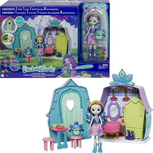 Enchantimals Patter Peacock con Casita de campo, muñeca pavo real con mascota, casa de juguete y accesorios (Mattel GYN61)