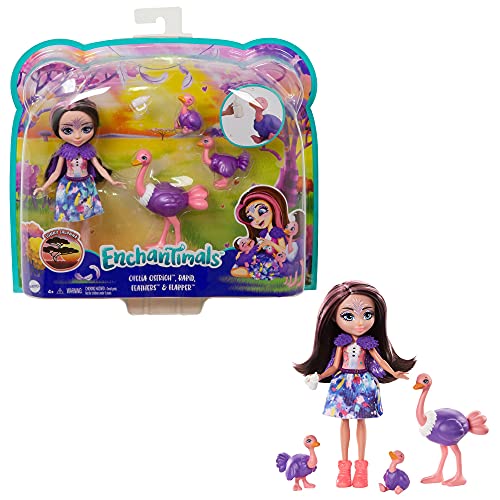 Enchantimals Sunny Savanna Muñeca Ofelia Ostrich con familia de avestruces mascota de juguete (Mattel GTM32)