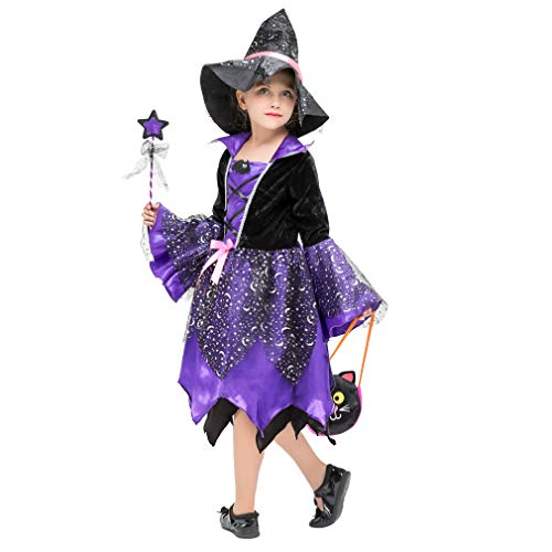 EOZY-Disfraz Halloween Niña Disfraz de Bruja para Niñas Disfraz de Cosplay Infantiles Incluido Vestido de Bruja y Sombrero de Bruja y Palo de Hadas y Bolsa de Dulces