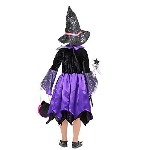 EOZY-Disfraz Halloween Niña Disfraz de Bruja para Niñas Disfraz de Cosplay Infantiles Incluido Vestido de Bruja y Sombrero de Bruja y Palo de Hadas y Bolsa de Dulces