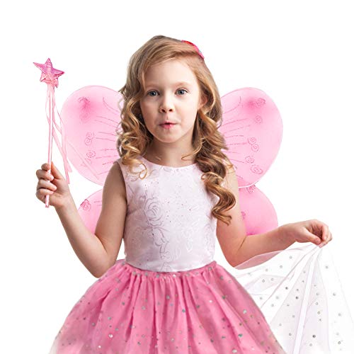 EQLEF Traje de Hadas para niños, alas de tutú Alas de Mariposa fijadas Traje de alas de Princesa de Hada para niñas Traje de Fiesta para niñas (  Rosa)