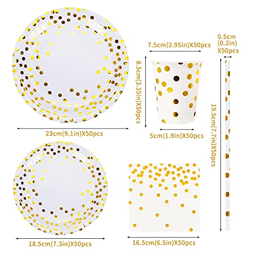 esafio Juego De Vajilla Desechable, 250 Piezas Vajilla Fiesta, Platos Desechables y Vasos Cumpleaños, Servilletas y Pajitas De Papel Dorado para Fiestas, Bodas, Aniversarios, Cumpleaños