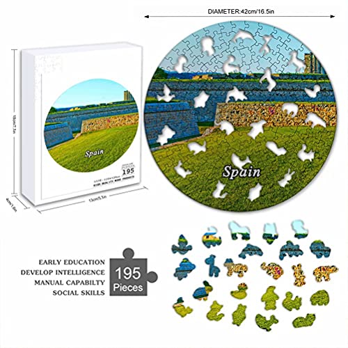 España Fortaleza y murallas de Pamplona Rompecabezas de 195 Piezas con Forma Redonda de Animales de Madera para niños y Adultos, Recuerdos de 16.5 × 16.5 Pulgadas