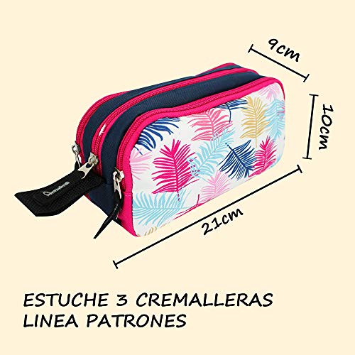 Estuche Escolar STARPLAST - Porta Todo, 3 Cremalleras, 3 Compartimentos, Gran Capacidad, Multiuso, para Uso Escolar, Trabajo, Universidad - Hojas