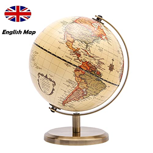 Exerz 14CM Globo Terráqueo - en Inglés - Decoración de escritorio educativa/geográfica/moderna - Con una base de metal (Antiguo)