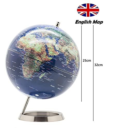 Exerz 25CM Globo Terráqueo - en Inglés - Decoración de escritorio educativa/geográfica/moderna - Con una base de metal (25cm Azúl Marino)