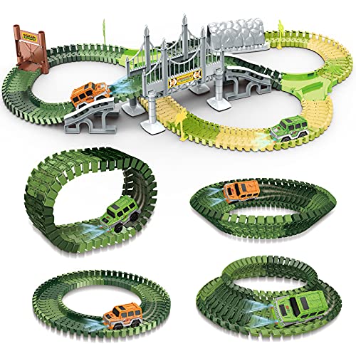 EXTSUD Juguetes de Pista Coche Dinosaurio para Niños, Pista de Coche Flexible Circuito de Coches, Juguetes Educativos para Niños Mayores de 3 Años