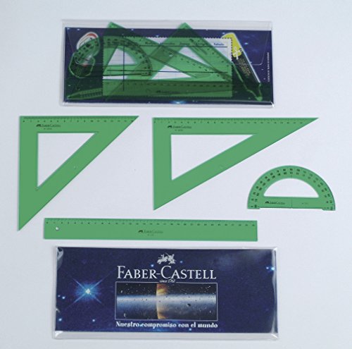 Faber-Castell 65021 - Pack escolar con escuadra, cartabón, regla y semicírculo, color verde