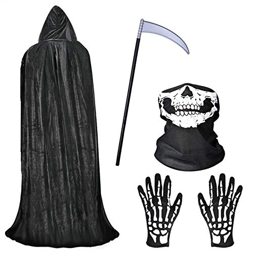 Fabu Negro Largo Capa con Capucha para Halloween Carnaval, Guantes de Esqueleto y Máscara de Calavera Disfraz Plástico Falsa Guadaña Hoz Arma para Adultos Halloween Danza Fiesta de Disfraz 1 Juego