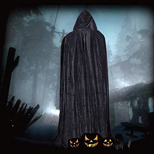 Fabu Negro Largo Capa con Capucha para Halloween Carnaval, Guantes de Esqueleto y Máscara de Calavera Disfraz Plástico Falsa Guadaña Hoz Arma para Adultos Halloween Danza Fiesta de Disfraz 1 Juego