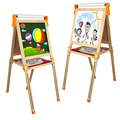 Fajiabao Pizarra Infantil Magnetica Caballete Pintura Niños -3 en 1 Doble y Ajustable Pizarra Madera con Rollo De Papel Letras Magneticas para Pintar Niños Juguete Educativo Niños Niñas 3 4 5 6