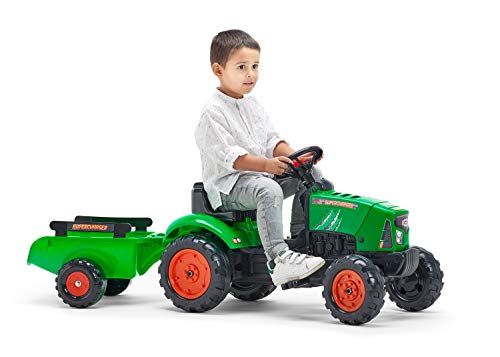 Falk- Tracteur à pédales Supercharger Rouge Avec Capot ouvrant et remorque Tractores, Color Verde (2031AB)