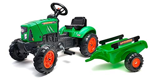 Falk- Tracteur à pédales Supercharger Rouge Avec Capot ouvrant et remorque Tractores, Color Verde (2031AB)