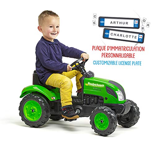 Falk - Tractor con Pedales Country Farmer Verde a Partir de 2 años – Fabricado en Francia – Placa de matrícula Personalizable – Volante direccional con bocina – 2057