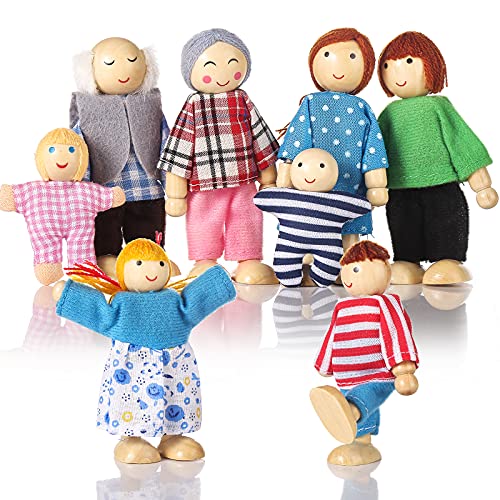 Familia de 8 personas para casa de muñecas, Pequeñas muñecas de madera Juguetes para niños Niñas