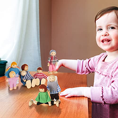 Familia de 8 personas para casa de muñecas, Pequeñas muñecas de madera Juguetes para niños Niñas