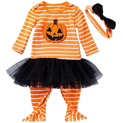 FANCYINN - Conjunto de Disfraz de Halloween para bebé, Mono a Rayas de Manga Larga de Calabaza para bebé, Falda tutú Negra y pañuelo en la Cabeza, 2 Paquetes de 12-24 Meses