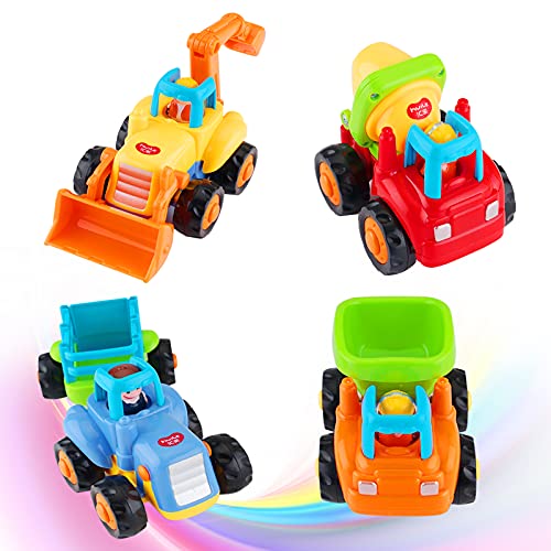 FancyWhoop 4 Piezas Vehículos de Construcción Coche de Juguete Friccion Camion de Juguete de Plástico Regalo de los Niños (Tractor, Niveladora, Camión del Mezclador, Camiones)