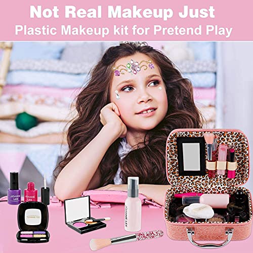 FancyWhoop Maquillaje Niñas Set 25 Piezas Set de Maquillaje con 4 Pegatinas de Joyas cosmético Lavable Maquillaje de Juguete para niñas Maquillaje niñas 3 años (Rosa)