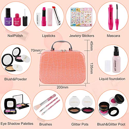 FancyWhoop Maquillaje Niñas Set 25 Piezas Set de Maquillaje con 4 Pegatinas de Joyas cosmético Lavable Maquillaje de Juguete para niñas Maquillaje niñas 3 años (Rosa)