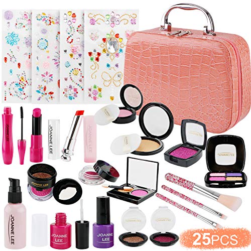 FancyWhoop Maquillaje Niñas Set 25 Piezas Set de Maquillaje con 4 Pegatinas de Joyas cosmético Lavable Maquillaje de Juguete para niñas Maquillaje niñas 3 años (Rosa)