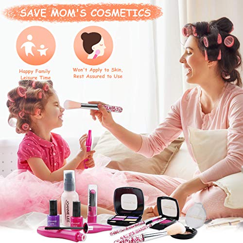 FancyWhoop Maquillaje Niñas Set 25 Piezas Set de Maquillaje con 4 Pegatinas de Joyas cosmético Lavable Maquillaje de Juguete para niñas Maquillaje niñas 3 años (Rosa)