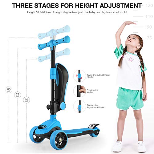 FASCOL 2 en 1 Patinete de 3 Ruedas de LED para Niños Scooter Vespa de Asiento Desmontable para 18 Meses - 8 años Niños Patinete de Carga Máxima: 50 kg Carga Máxima del Asiento: 25 kg (Azul Claro)