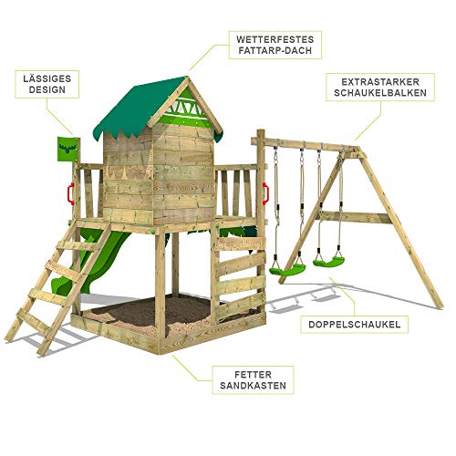 FATMOOSE Parque infantil de madera JazzyJungle con columpio y tobogán manzana verde, Casa de juegos de jardín con arenero y escalera para niños