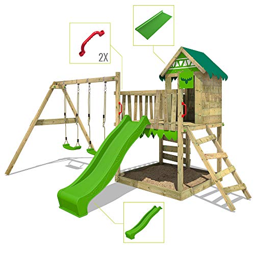 FATMOOSE Parque infantil de madera JazzyJungle con columpio y tobogán manzana verde, Casa de juegos de jardín con arenero y escalera para niños