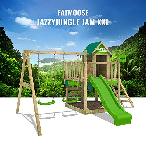 FATMOOSE Parque infantil de madera JazzyJungle con columpio y tobogán manzana verde, Casa de juegos de jardín con arenero y escalera para niños