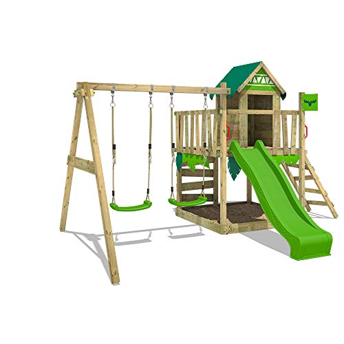 FATMOOSE Parque infantil de madera JazzyJungle con columpio y tobogán manzana verde, Casa de juegos de jardín con arenero y escalera para niños