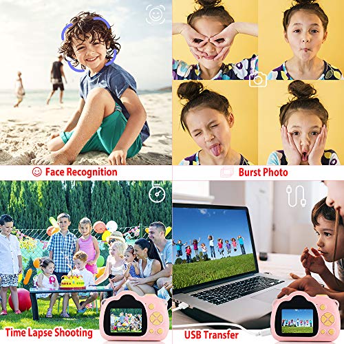 Fede Cámara Fotos Infantil Cámara Digital para Niños, Juguetes Regalos para Niños o Niñas de 3 a 12 Años, Pantalla HD de 2 Pulgadas 12MP 1080P Tarjeta de 32GB TF Rosa