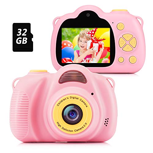 Fede Cámara Fotos Infantil Cámara Digital para Niños, Juguetes Regalos para Niños o Niñas de 3 a 12 Años, Pantalla HD de 2 Pulgadas 12MP 1080P Tarjeta de 32GB TF Rosa