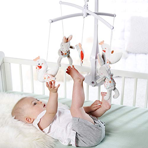 Fehn 062137 - Móvil musical con cisne, conejo y flor para sonreír y sorprenderse, melodía"Lago de cisne", para fijar a la cama para bebés de 0-5 meses, altura: 65 cm, diámetro: 40 cm