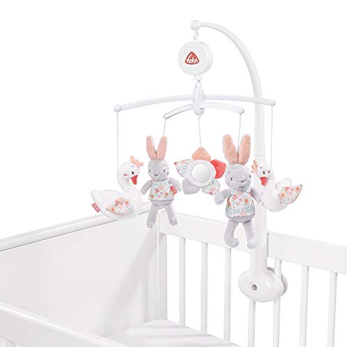 Fehn 062137 - Móvil musical con cisne, conejo y flor para sonreír y sorprenderse, melodía"Lago de cisne", para fijar a la cama para bebés de 0-5 meses, altura: 65 cm, diámetro: 40 cm