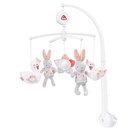 Fehn 062137 - Móvil musical con cisne, conejo y flor para sonreír y sorprenderse, melodía"Lago de cisne", para fijar a la cama para bebés de 0-5 meses, altura: 65 cm, diámetro: 40 cm