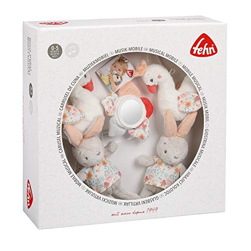 Fehn 062137 - Móvil musical con cisne, conejo y flor para sonreír y sorprenderse, melodía"Lago de cisne", para fijar a la cama para bebés de 0-5 meses, altura: 65 cm, diámetro: 40 cm