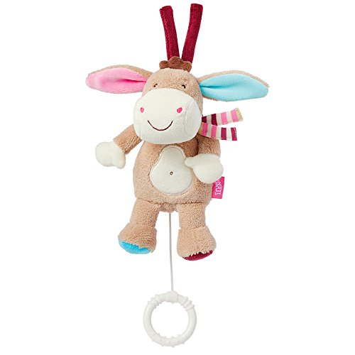 Fehn 081619 Mini reloj musical burro de peluche con mecanismo musical integrado y suave melodía"Schlaf Kindlein schlaf" para colgar en el cochecito, la silla de auto o la cama, para bebés de 0+ meses