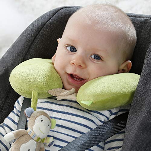 Fehn 081763 Neckrest Monkey - Almohada cervical con un pequeño mono sonajero para bebés y niños pequeños a partir de 6 meses - Apoya y alivia en el cochecito, la silla de auto o el coche