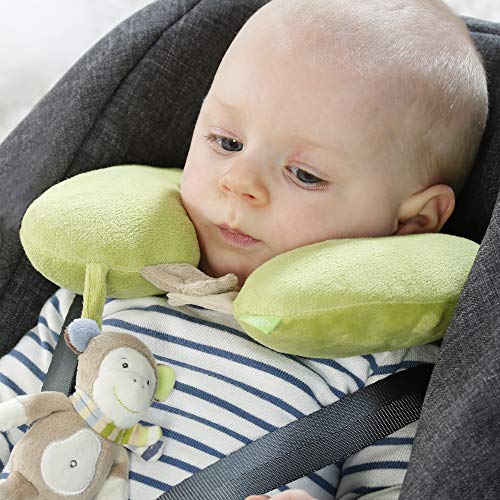 Fehn 081763 Neckrest Monkey - Almohada cervical con un pequeño mono sonajero para bebés y niños pequeños a partir de 6 meses - Apoya y alivia en el cochecito, la silla de auto o el coche