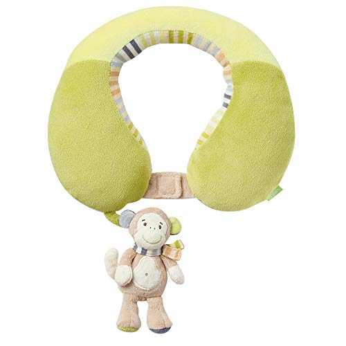 Fehn 081763 Neckrest Monkey - Almohada cervical con un pequeño mono sonajero para bebés y niños pequeños a partir de 6 meses - Apoya y alivia en el cochecito, la silla de auto o el coche