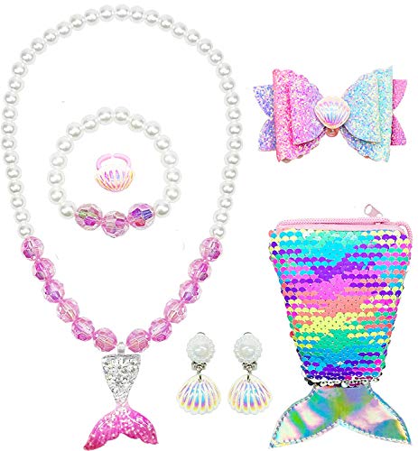 Felly Joyas Niña 6 Años, Pulsera Niña, Collar Niña 8 Años, 7Pcs Sirena Vestir Accesorios con Lentejuelas Bolso, Juguetes Niña Set de Joyas Cumpleaños Regalos para Niñas 3 4 5 6 7 8 9 10