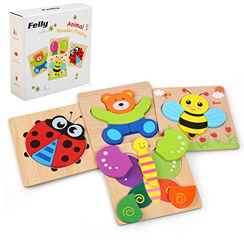 Felly Juguetes Bebes, Puzzles de Madera Educativos para Bebé, Juguetes niños 1 año 2 3 4 5 6 años, Dibujo de Animal Colorido con Placa, Regalo de cumpleaños, Navidad