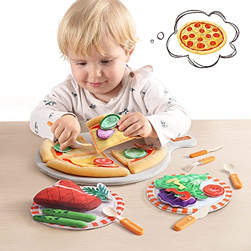 Felt Play Food Pizza Juguetes para niños, niñas, niños, juego de roles con plato, cuchillo, tenedor y bandeja, juego de simulación de bricolaje, peluche, cumpleaños, Navidad, Halloween, regalos